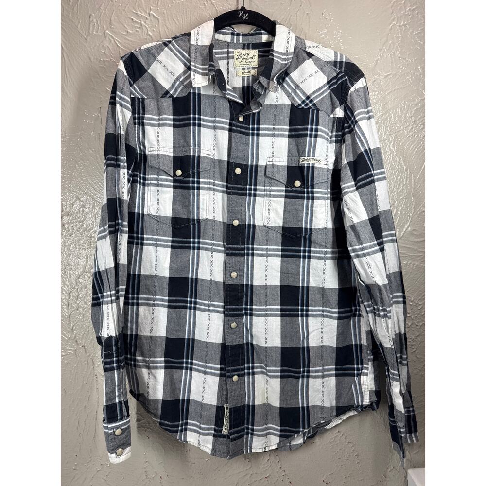 Lucky Brand Pearl Snap Shirt Men's Western Cowboy Black‎ Plaid Rodeo Size Small